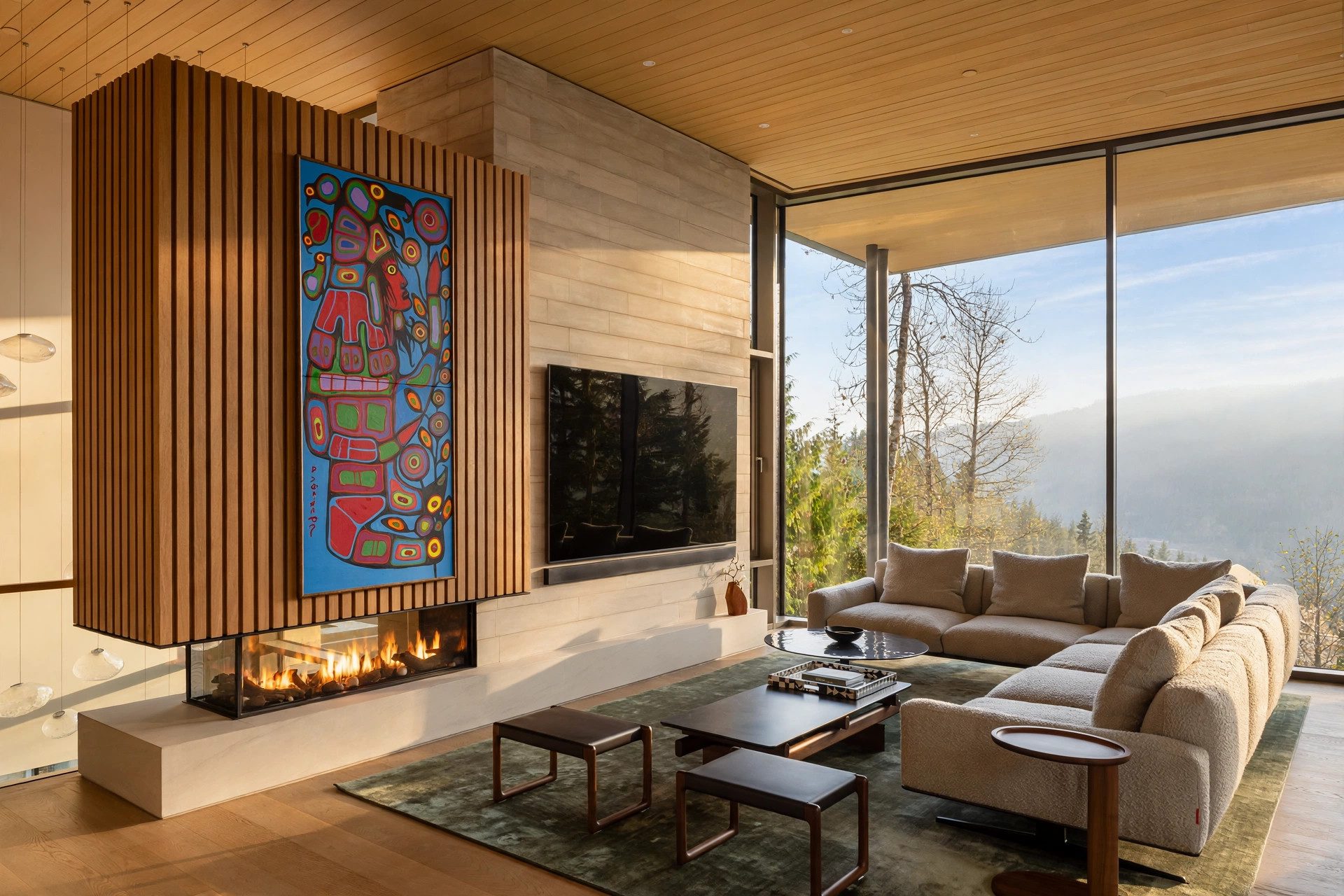 Contemporary mountain living room with sculptural fireplace and valley view