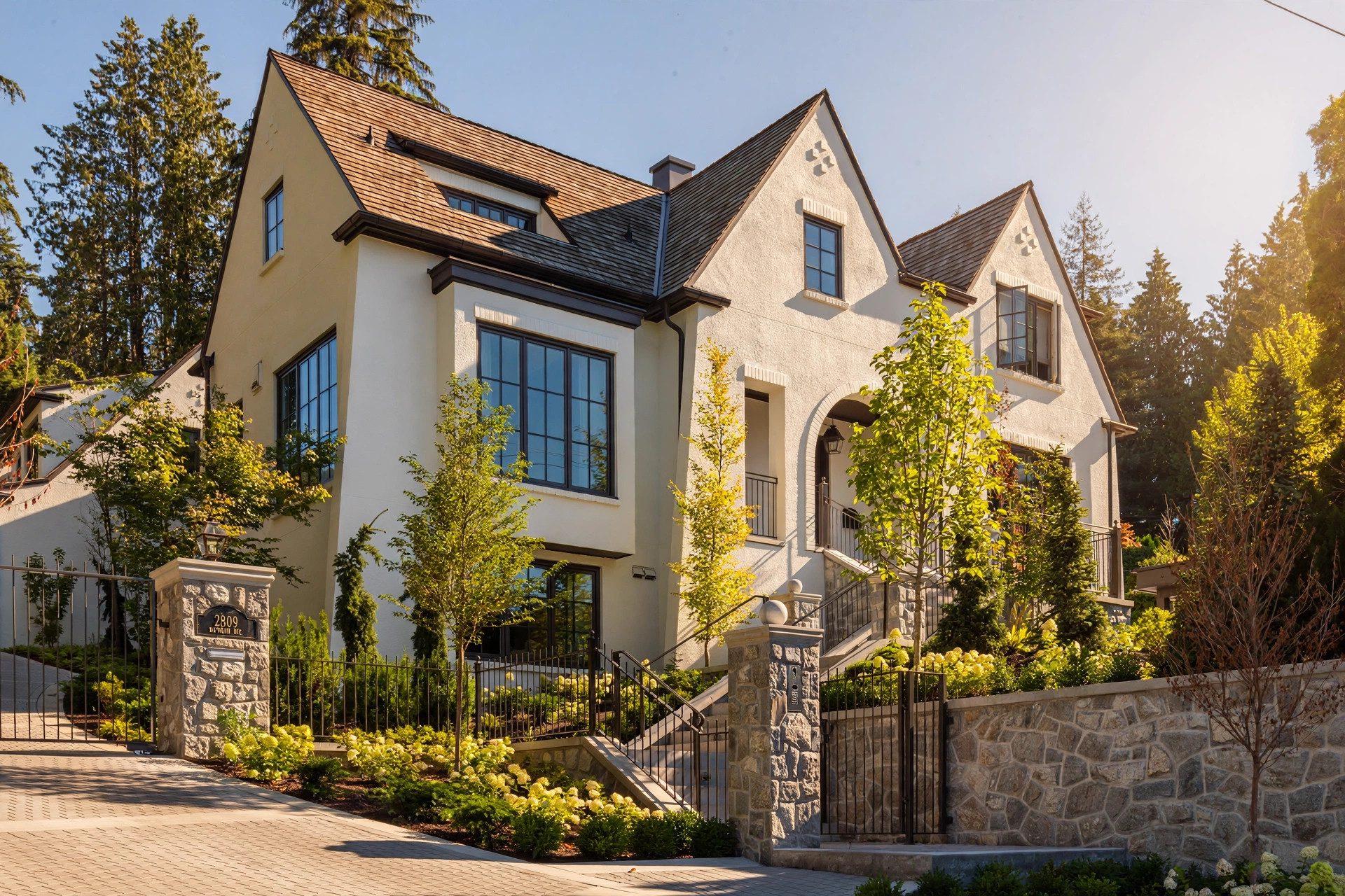 Traditional shingle-sided residence behind lush landscaping